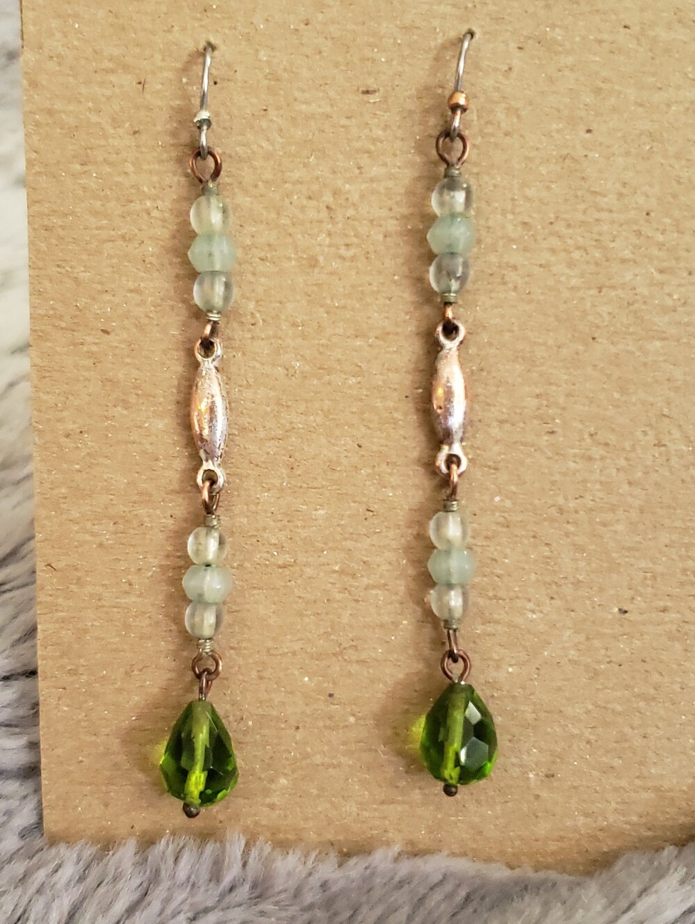 Vintage Green & Silver Beaded Long Drop Earrings
